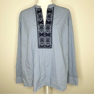 Chaps Blue and White Striped Embroidered Split-Neck Tunic